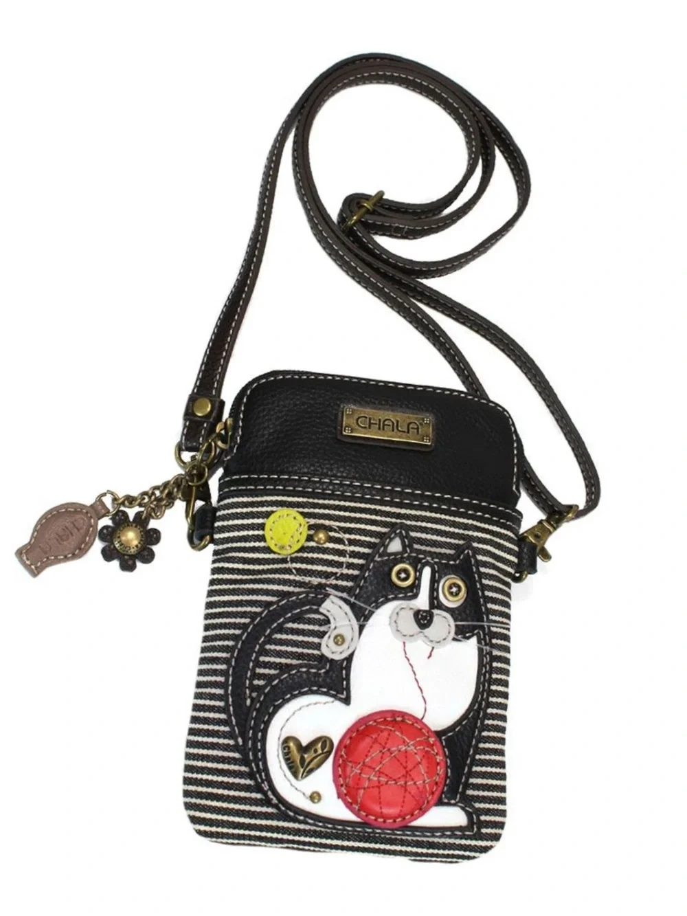 Chala Black Striped Crossbody with Cat Appliqué and Red Ball NWT